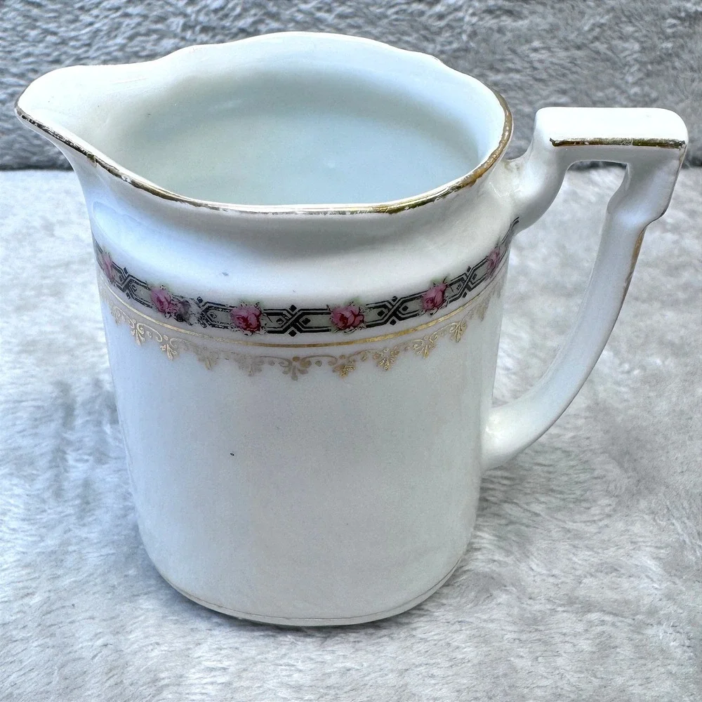 Antique Bavaria Porcelain Creamer‎ Pink Rose Gold Gilt Germany 1900s Cottagecore